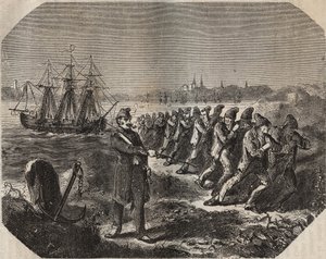 La cordelle (travail de grande fatigue) au bagne de Rochefort au XIXe siècle. Gravure dans « Histoire des bagnes depuis leur création à nos jours » (1877) par Pierre Zaccone (1817-1895) - Anonymous Anonymous