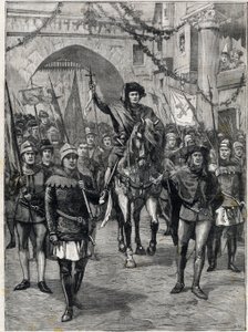 Le cortège des corporations au XIVe siècle : Le prévôt des marchands de Paris. Gravure dans « Le petit parisien » du 18/06/1899. Collection privée. - Anonymous Anonymous