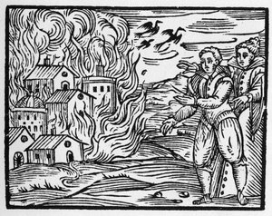 La malédiction des sorciers brûlant la ville - "Compendium Maleficarum", traite des sorcières, de leurs maux et de leurs sortilèges par Francesco Maria Guazzo ou Guaccio ou Guaccius (15?? -16??) 1608 Collection privée - Anonymous Anonymous