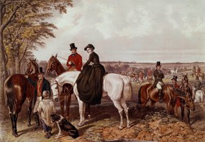 La chasse au renard, la rencontre Le cavalier monte en amazone (lithographie anonyme du 19e siècle, collection privée)