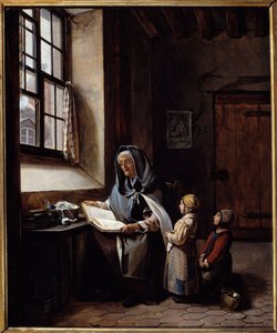 La grand-mère Une grand-mère lisant à ses deux petits-enfants. Peinture anonyme. 19ème siècle. Collection privée