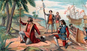 Le débarquement de Christophe Colomb (Christophe Colomb, Cristoforo Colombo, Cristóbal Colón) (1451-1506) dans le Nouveau Monde