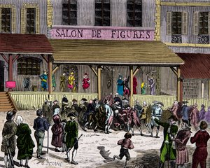 Le salon des figues de cire boulevard du Temple à Paris au 18ème siècle fondé par Curtius, Gravure, Collection privée