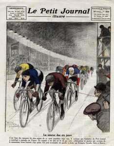 La course de six jours : Piet van Kempen (1898-1985), Alfred Grenda, Seres et Maurice Brocco (1883-1965) pendant le sprint. Gravure dans Le Petit Journal illustré, le 16/04/1922 - Anonymous Anonymous