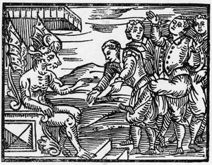 Les sorciers rendent hommage au diable - « Compendium Maleficarum », traite des sorcières, de leurs maux et de leurs sortilèges par Francesco Maria Guazzo ou Guaccio ou Guaccius (15??? -16??) 1608 Collection privée