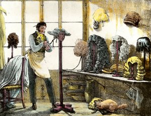 Le perruquier coiffant une perruque de catogan, coiffeur pour hommes. Gravure de Mirror shows, letters, meds, etc. The arts 1821-1823 Collection privée - Anonymous Anonymous