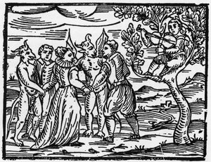 Les sorcières dansant le sabbat au son du violon - « Compendium Maleficarum », traite des sorcières, de leurs maux et de leurs sortilèges par Francesco Maria Guazzo ou Guaccio ou Guaccius (15?? -16??) 1608 Collection Privée