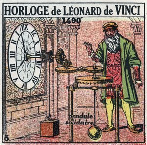 Temps : horloge à poids inventée par Léonard de Vinci (1452-1519) en 1490. Elle remplace le balancier par une balance verticale. Illustration anonyme de 1925. Collection privée. - Anonymous Anonymous