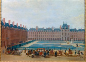 Vue de la Place Royale vers 1660, passage de la voiture du roi Louis XIV