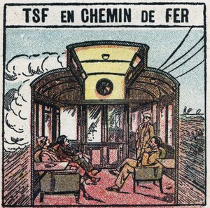 Téléphonie sans fil : T.S.F. dans un wagon de chemin de fer. Illustration anonyme de 1925. Collection privée. - Anonymous Anonymous