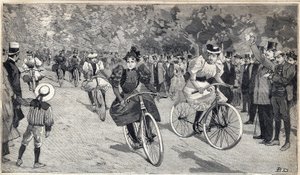 Course de femmes vélocipédistes au Bois de Boulogne près de Paris. Gravure dans "Le Petit Parisien" le 25/06/1893.