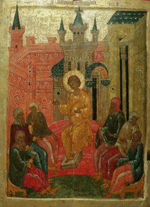 Prepolowenie Christ parmi les docteurs, 15ème siècle - Anonymous Russian icon painter