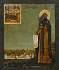 Saint Cyrille du Lac Blanc avec vue du monastère de Kirillo-Belozersky, XVIIIe siècle - Anonymous Russian icon painter