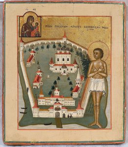 Saint Jacques de Borovichi, faiseur de miracles de Novgorod avec le monastère de Valday Iversky, début du 19e siècle - Anonymous Russian icon painter