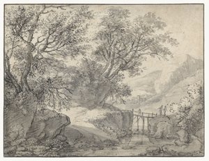 Paysage de montagne avec des arbres et un pont sur un ruisseau - Anthonie Waterloo