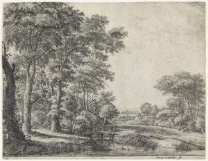 Lisière de forêt avec un pont en bois - Anthonie Waterloo