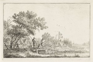 Drie vissers op een brug (Landschappen met bebouwing) - Anthonie Waterloo