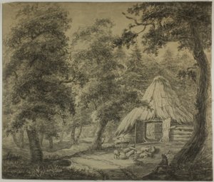 Cabane en chaume dans les bois avec berger et moutons