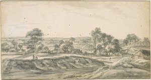 Village dispersé sous les arbres, à droite l