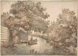 Canal avec un bateau et des canards - Anthonie van Borssom