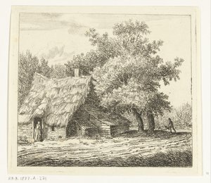 Ferme avec femme à la porte et homme avec brouette sur un chemin