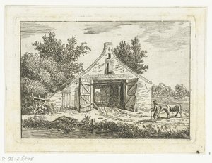Homme avec une vache devant une grange près de Hattem - Anthonie van den Bos