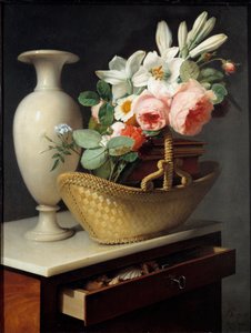 Bouquet de lys et de roses dans un panier posé sur un chiffon Peinture d