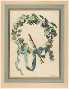 Dessin, trophée avec flûte, lierre et ruban bleu, 1780-90 - Antoine Berjon