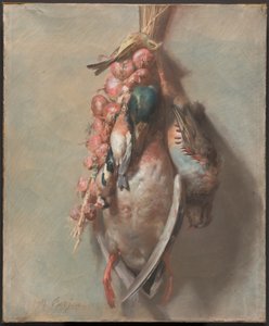 Trophée de chasse avec colvert, perdrix, chardonnerets et oignons