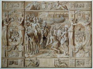 La soumission de Milan. Les troupes de François Ier prennent la ville de Milan après la victoire à la bataille de Marignan en 1515. Dessin à la plume et lavis par Antoine Caron (1521-1599) XVIe siècle Paris, Musée du Louvre - Antoine Caron