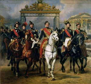 Le roi Louis-Philippe (1773-1850) de France et ses fils quittant le château de Versailles à cheval, 1846