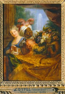 Jeune noir tenant une corbeille de fruits et jeune fille caressant un chien - Young black girl holding a fruit basket and young girl caressing a dog …
