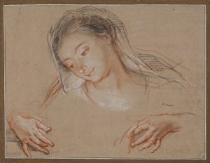 Étude pour une Madone. Tête et deux mains - Antoine Coypel