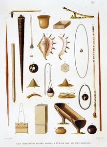 Ustensiles ménagers et armes des îles Mariannes, de Voyage autour du Monde (1817-20), par Louis Claude Desaulses de Freycinet (1779-1842) gravé par Jean Louis Denis Coutant (1776-1831), p