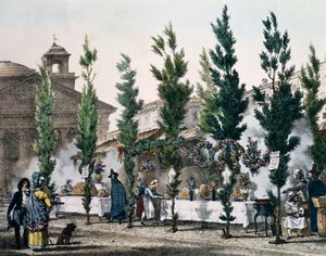 Fritures de nourriture au Panthéon pendant la fête de Saint Joseph, gravure par Antoine Jean-Baptiste Thomas de Un an à Rome et dans ses environs, France - Antoine Jean Baptiste Thomas