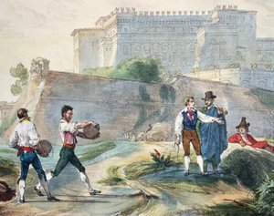 Jouer à la ruzzica, par Antoine Jean-Baptiste Thomas, lithographie en couleur de Un an à Rome et ses environs
