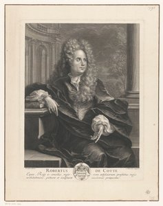 Portrait de Robert de Cotte, appuyé sur un livre dans une architecture classique
