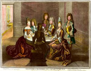 La cour jouant aux cartes dans la deuxième chambre des appartements de Louis XIV. Gravure par Antoine Trouvain (1656-1708) - Antoine Trouvain