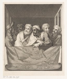 Cinq hommes avec turban et un avec chapeau dans une loge derrière une balustrade - Antoine Trouvain