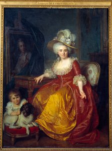 Portrait en pied de Madame Vestier (1740-1831) avec un enfant à ses pieds pinçant l