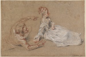 Un homme allongé et une femme assise par terre - Antoine Watteau