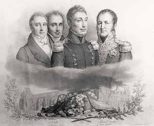 Le gouvernement provisoire du 29 juillet 1830. De gauche à droite : Jacques Lafitte (1767-1844), Casimir Perier (1777-1832), Général Lafayette (1757-1834) et Comte Étienne Maurice Gérard (1773-1852) 1831