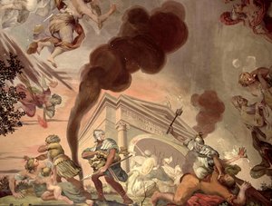 Le Triomphe de la paix sur la guerre, détail des soldats pillant un temple, du plafond de la salle principale - Anton Agelo Bonifazi