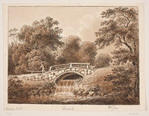 Paysage forestier avec pont sur un ruisseau