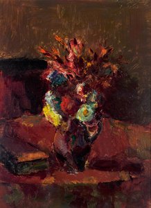Bouquet de fleurs avec nappe rouge - Anton Faistauer