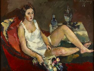 Jeune femme sur un canapé rouge - Anton Faistauer