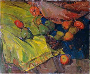 Nature morte avec fruits sur tissu vert - Anton Faistauer