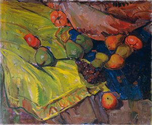 Nature morte avec fruits sur un tissu vert - Anton Faistauer