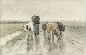 Une bergère avec des vaches sur un chemin de campagne sous la pluie - Anton Mauve