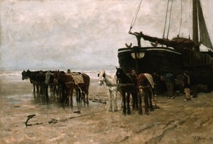 Dutch : Bomschuit avec chevaux de halage sur la plage de Scheveningen Bateau de pêche avec chevaux de halage sur la plage de Scheveningen